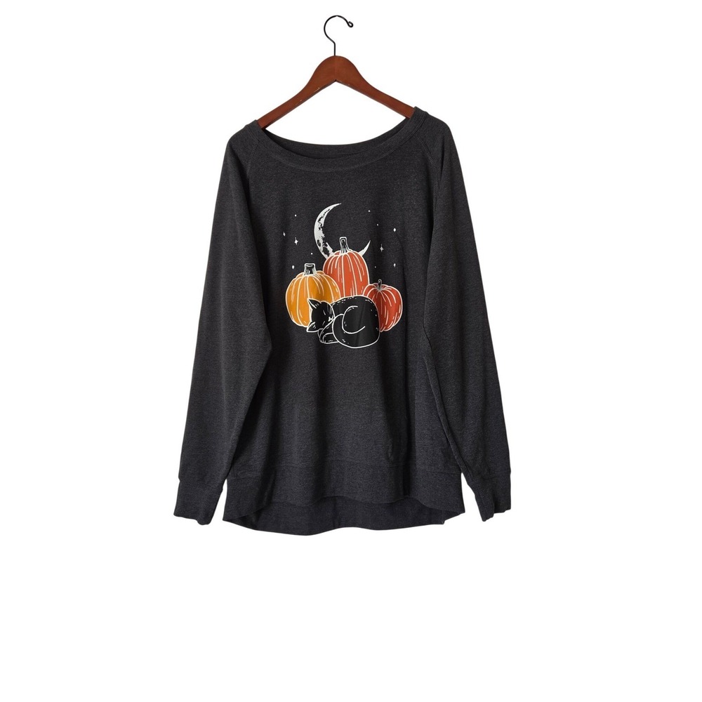 Instant Message Halloween Black Cat Pumpkin Lightweight Sweatshirt Plus Size 2XW